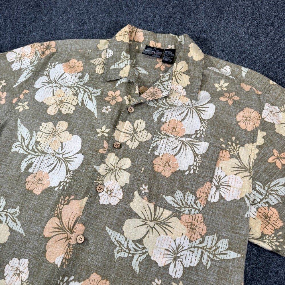 OP Ocean Pacific Hawaiian Shirt Mens XL Sage Green Floral Aloha Camp Cotton vtg